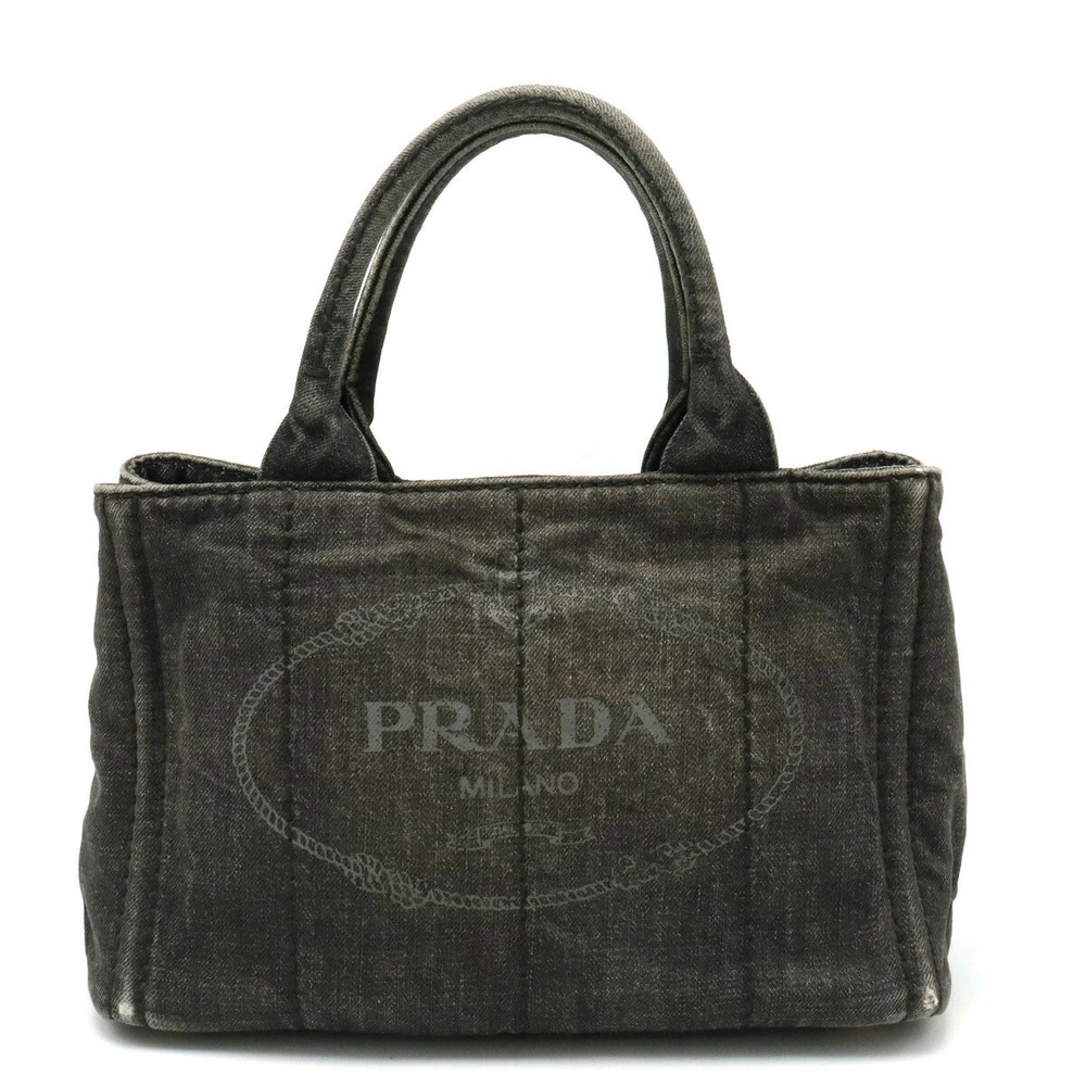 Prada Canapa Tote Bag Handbag Denim NERO Black Shoulder Strap